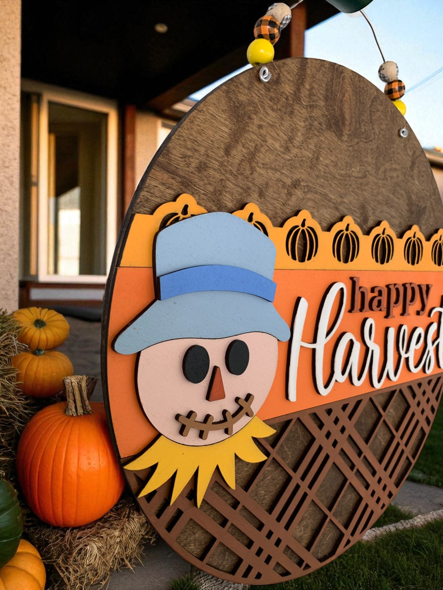 Happy Harvest Wooden Fall Sign – Rustic Farmhouse Scarecrow Front Door Décor