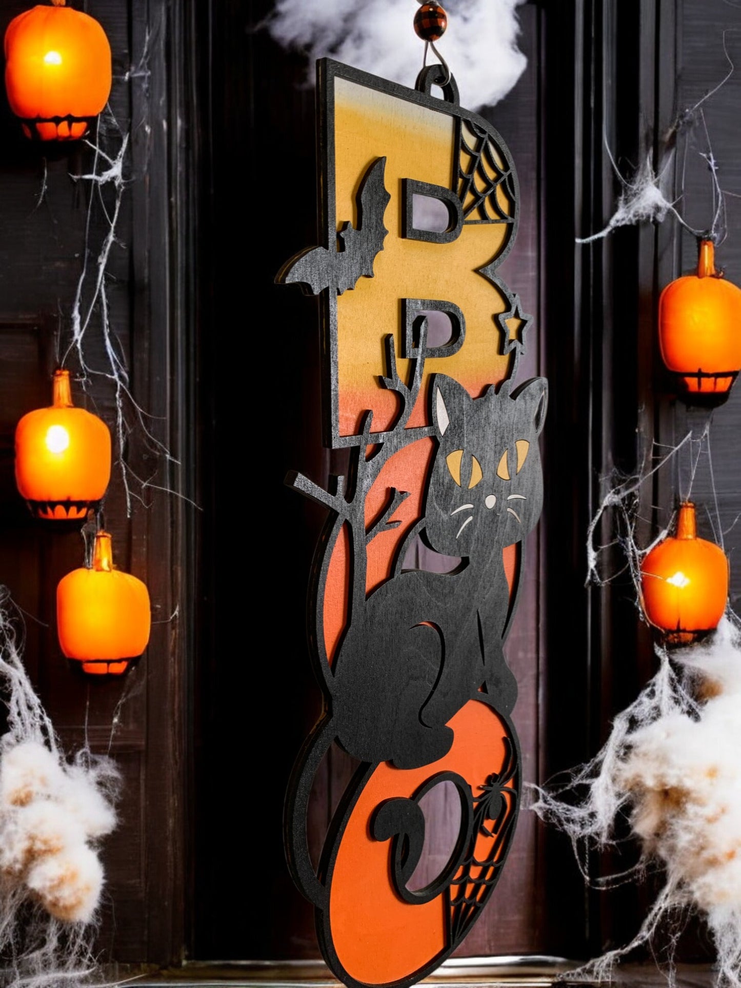 Halloween Black Cat BOO Sign – Wooden Spooky Door Hanger – Handmade Fall Porch & Wall Decor