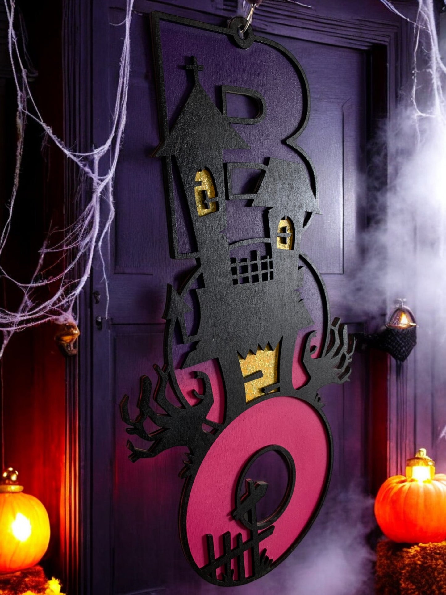 Haunted House BOO Sign – Wooden Halloween Door Hanger – Handmade Spooky Porch & Wall Décor