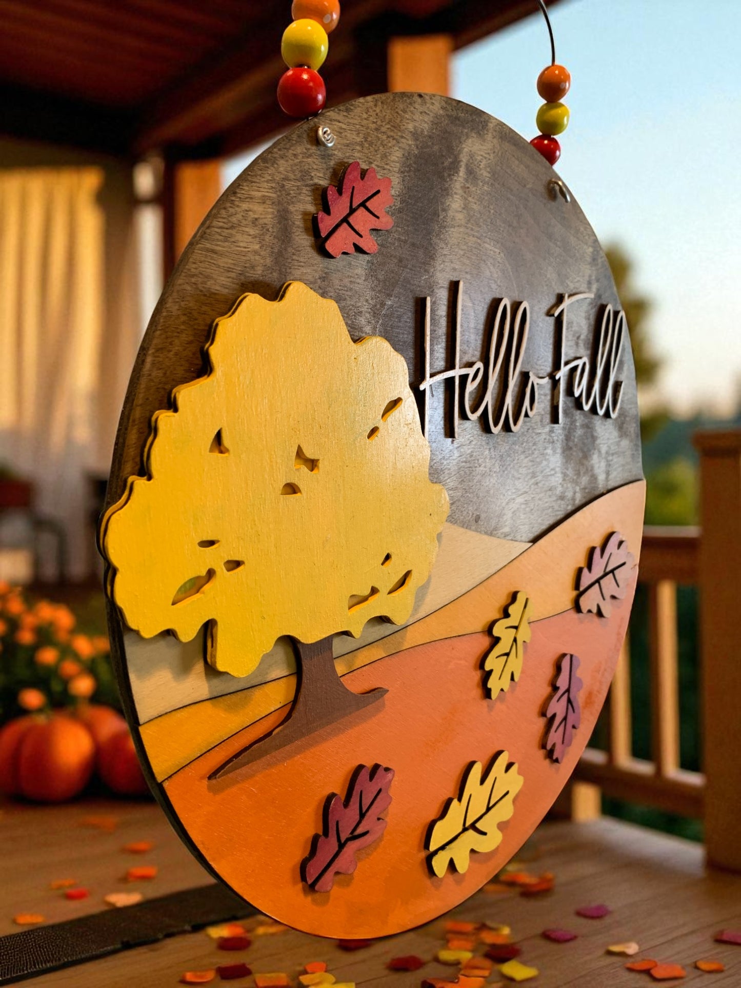 Hello Fall Wooden Sign with Tree and Leaves – Handcrafted Autumn Wall Décor – Rustic Fall Porch Accent