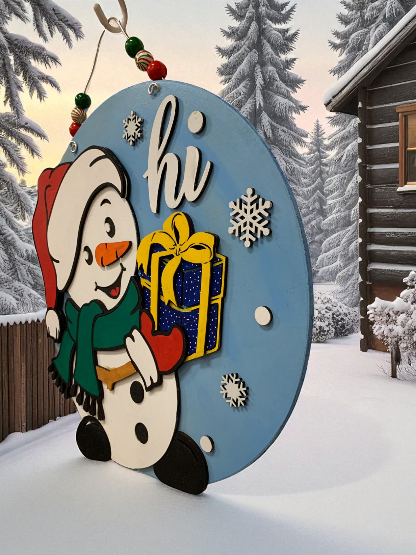 Handmade Snowman Welcome Sign – Festive Christmas Door Decor with Gift and Snowflakes