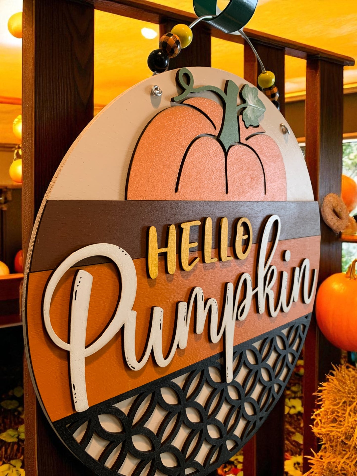 Hello Pumpkin Wooden Fall Sign – Rustic Autumn Front Door or Porch Décor