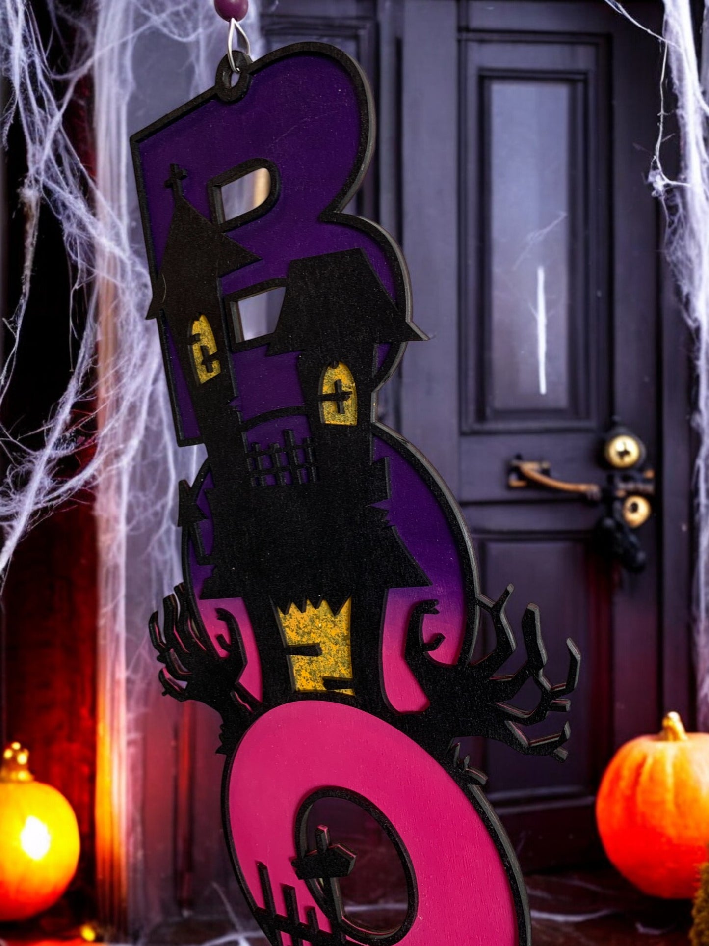 Haunted House BOO Sign – Wooden Halloween Door Hanger – Handmade Spooky Porch & Wall Décor