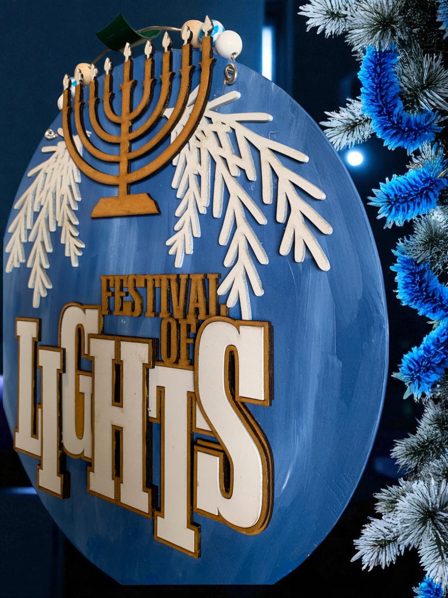 Hanukkah Festival of Lights Sign – Handmade Wooden Menorah Wall Decor – Rustic Blue Holiday Door Hanger