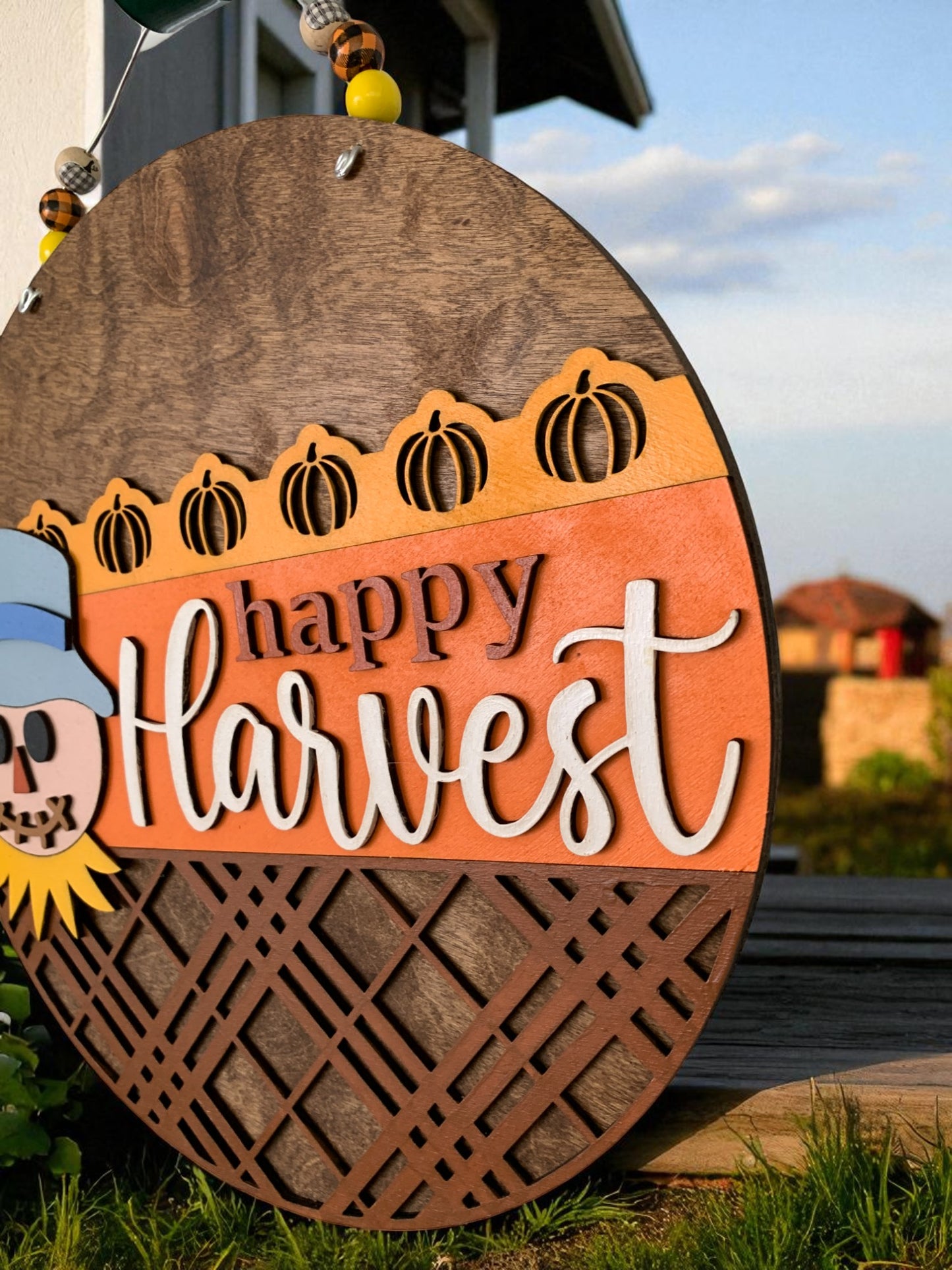 Happy Harvest Wooden Fall Sign – Rustic Farmhouse Scarecrow Front Door Décor