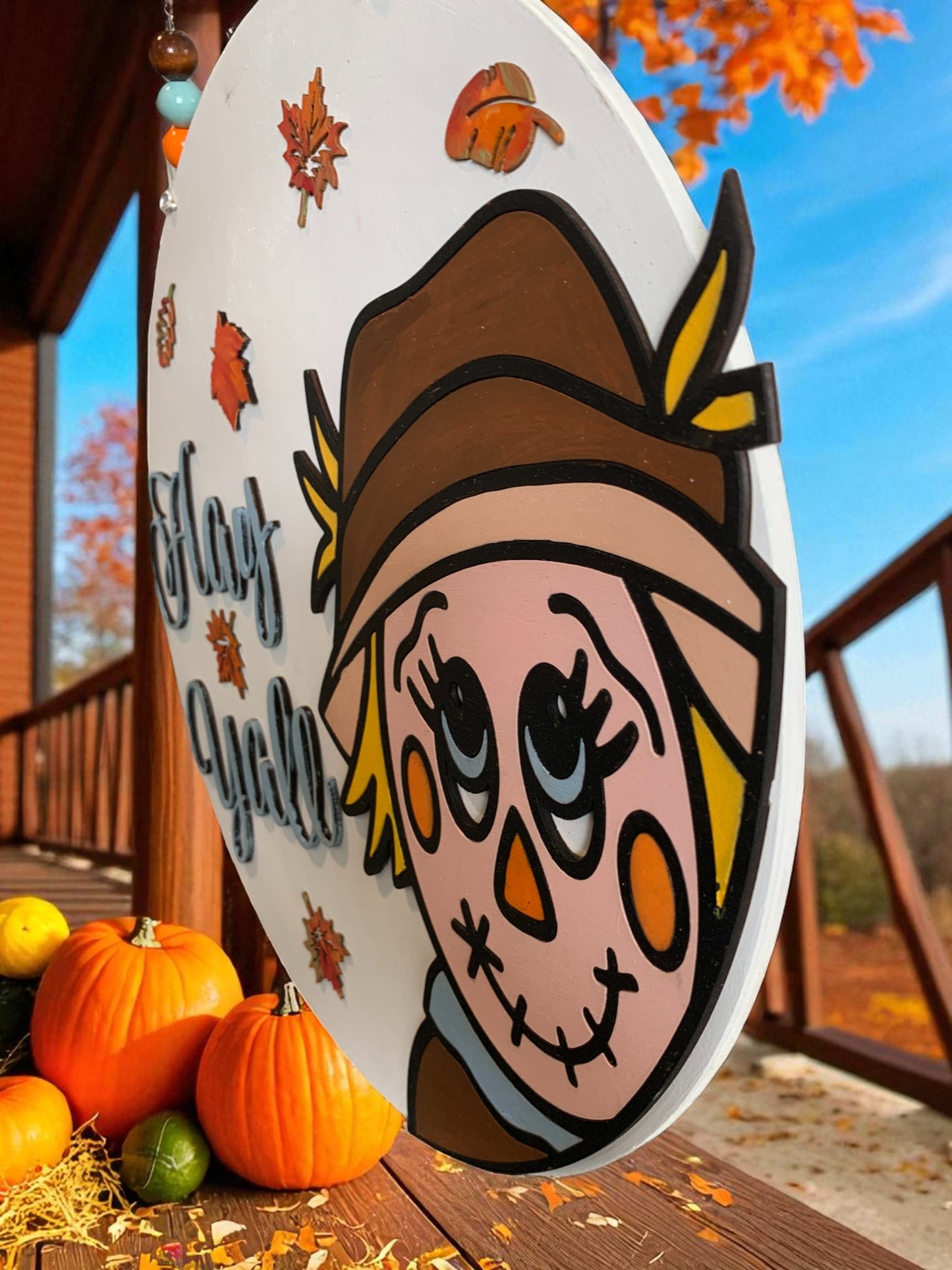 Hay Y’all Scarecrow Fall Door Hanger – Rustic Farmhouse Autumn Porch Sign
