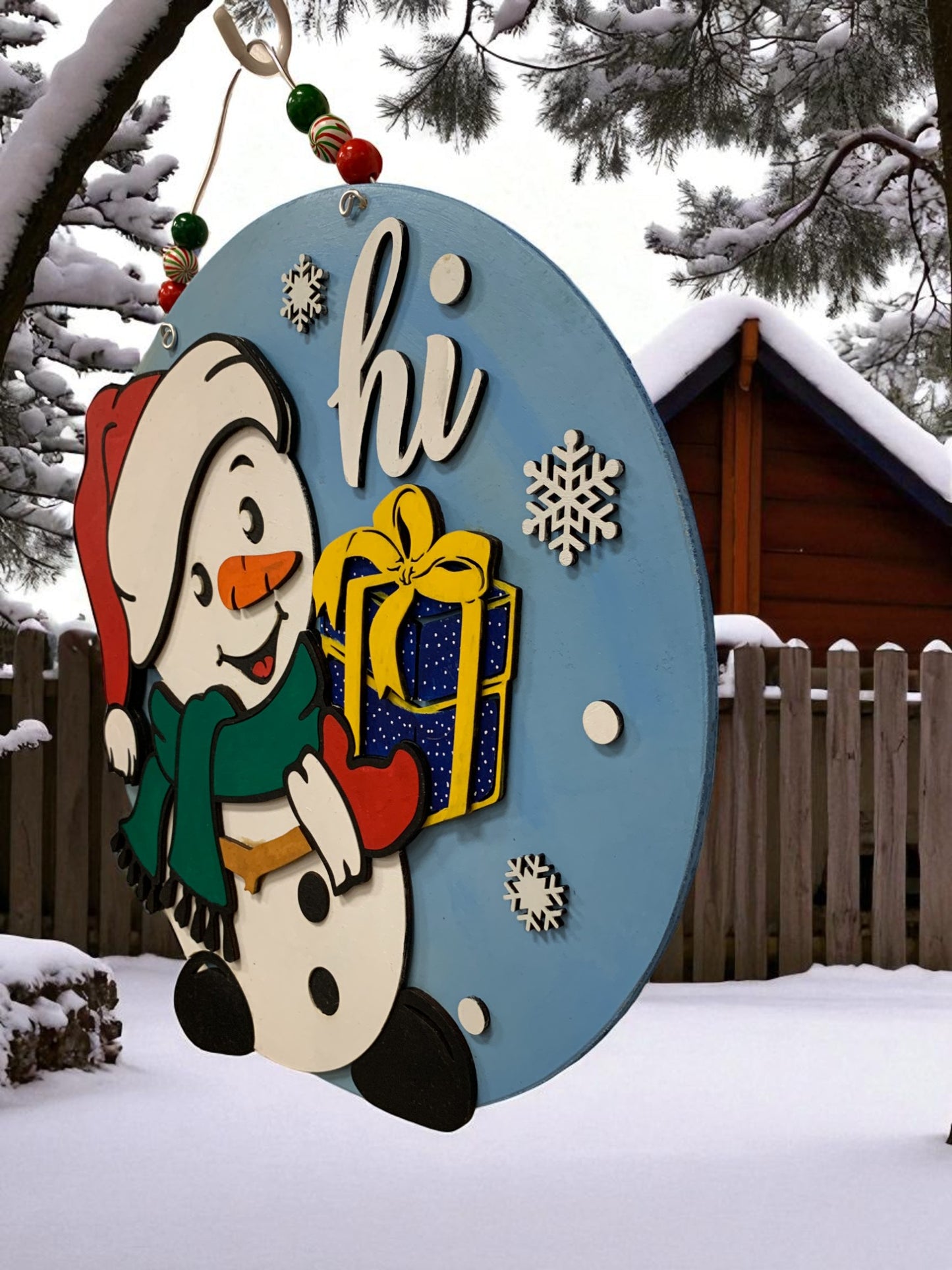 Handmade Snowman Welcome Sign – Festive Christmas Door Decor with Gift and Snowflakes
