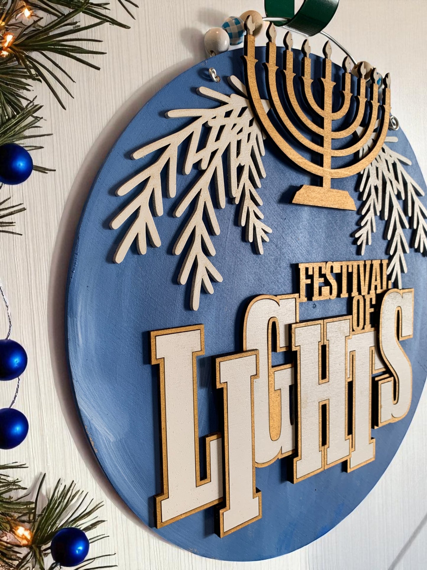 Hanukkah Festival of Lights Sign – Handmade Wooden Menorah Wall Decor – Rustic Blue Holiday Door Hanger
