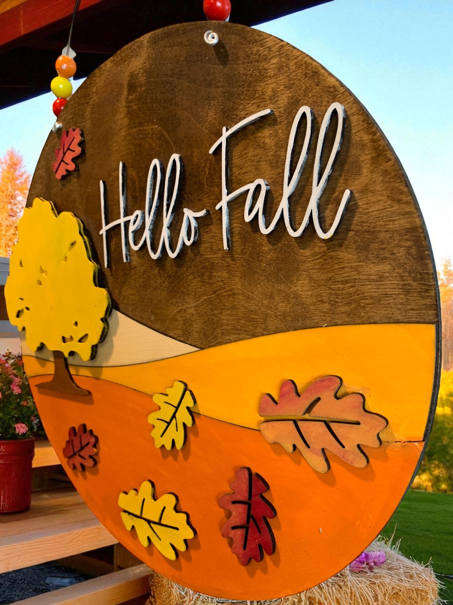 Hello Fall Wooden Sign with Tree and Leaves – Handcrafted Autumn Wall Décor – Rustic Fall Porch Accent