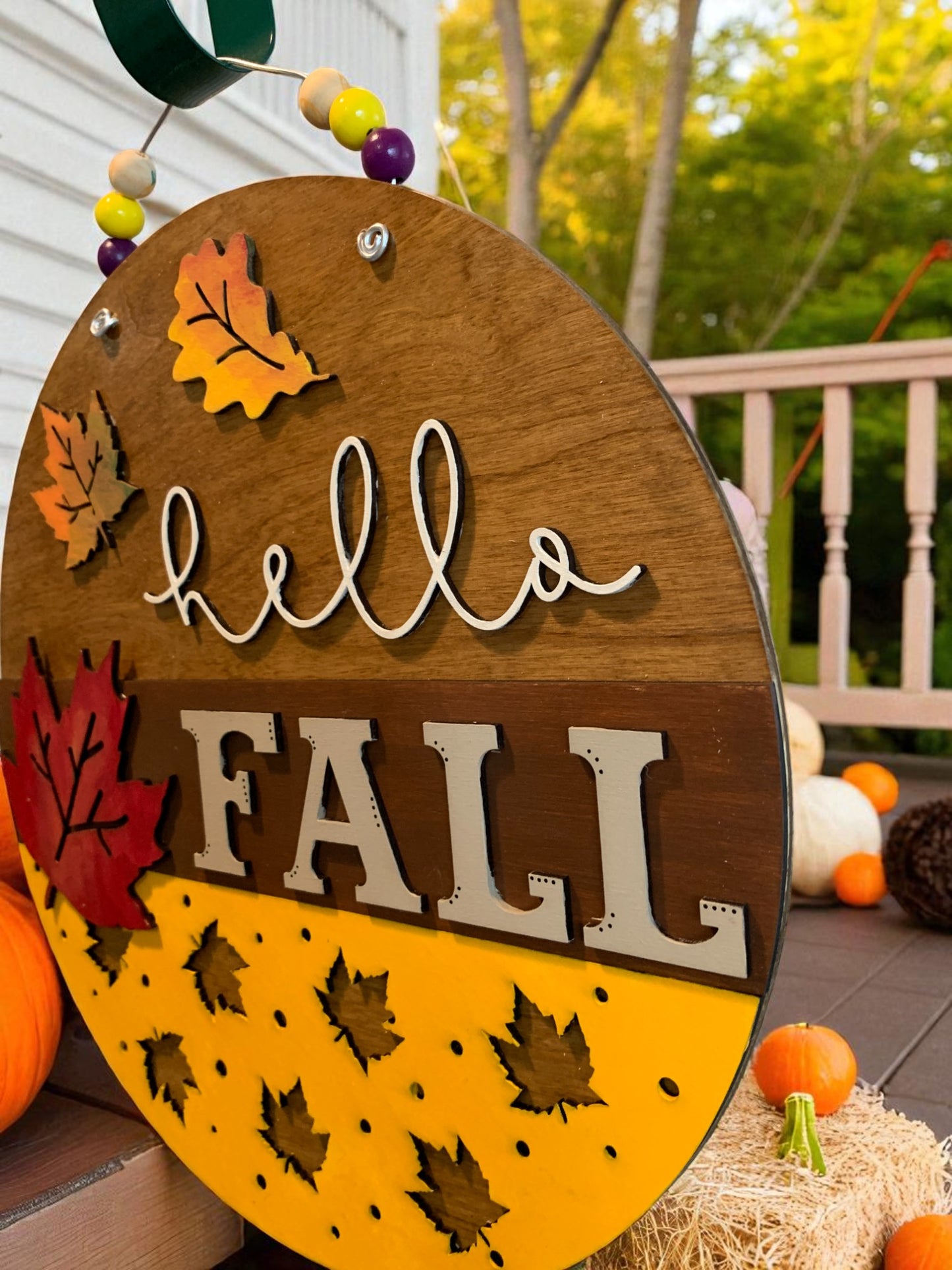 Hello Fall Wooden Door Hanger – Rustic Autumn Front Porch Sign with Colorful Leaves
