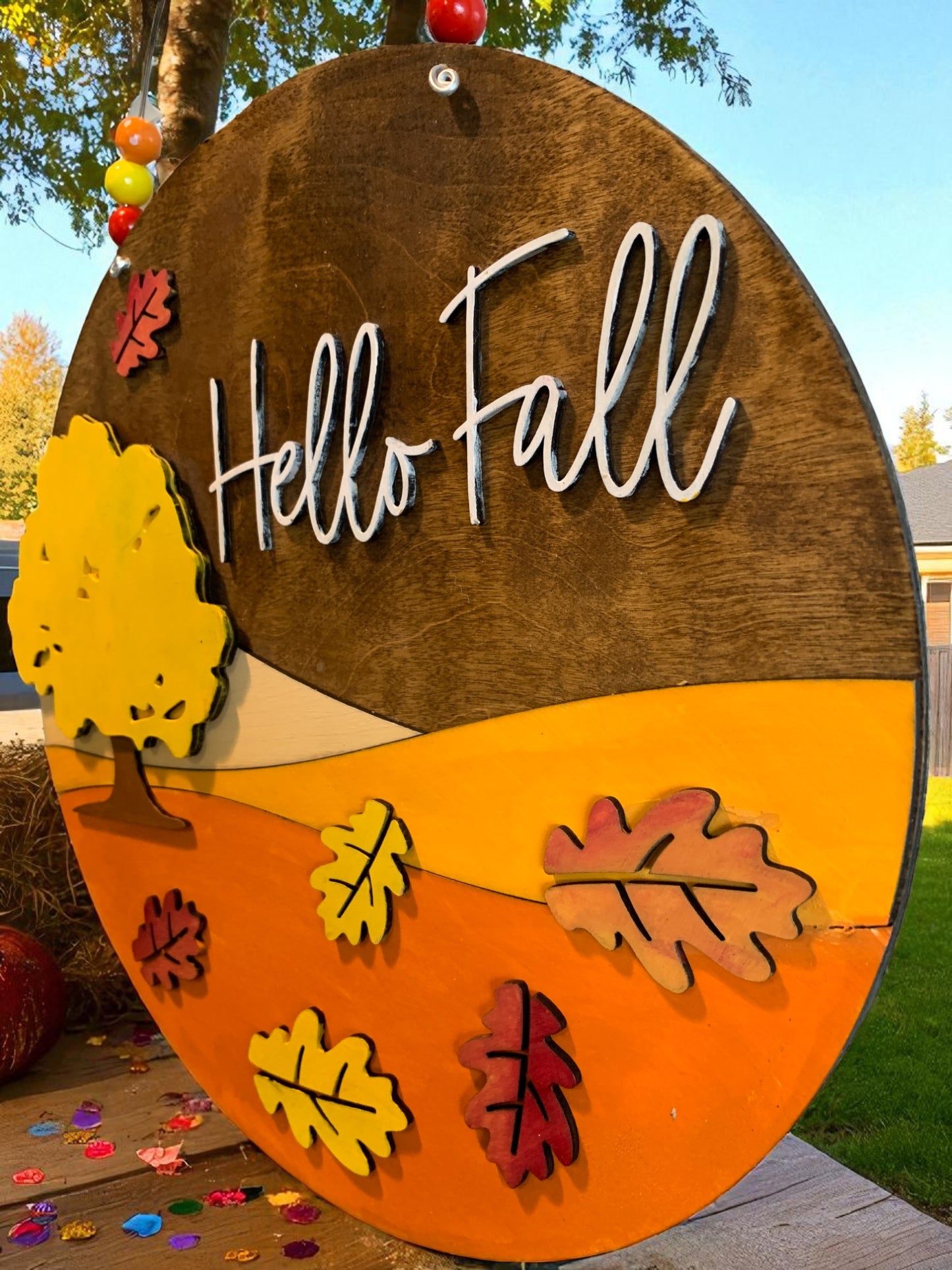 Hello Fall Wooden Sign with Tree and Leaves – Handcrafted Autumn Wall Décor – Rustic Fall Porch Accent
