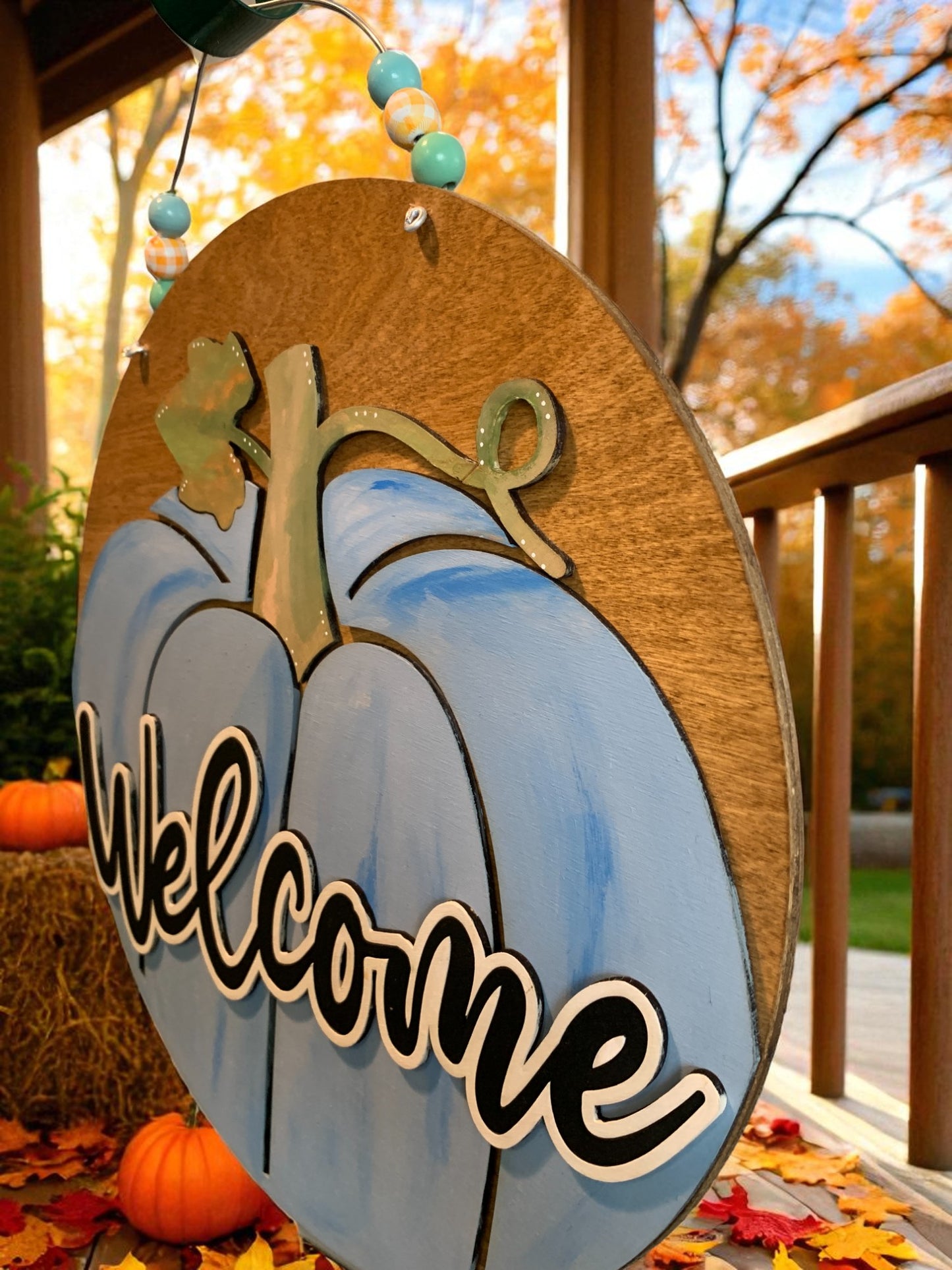 Welcome Pumpkin Wooden Sign – Rustic Fall Door Hanger – Handmade Autumn Porch Deco