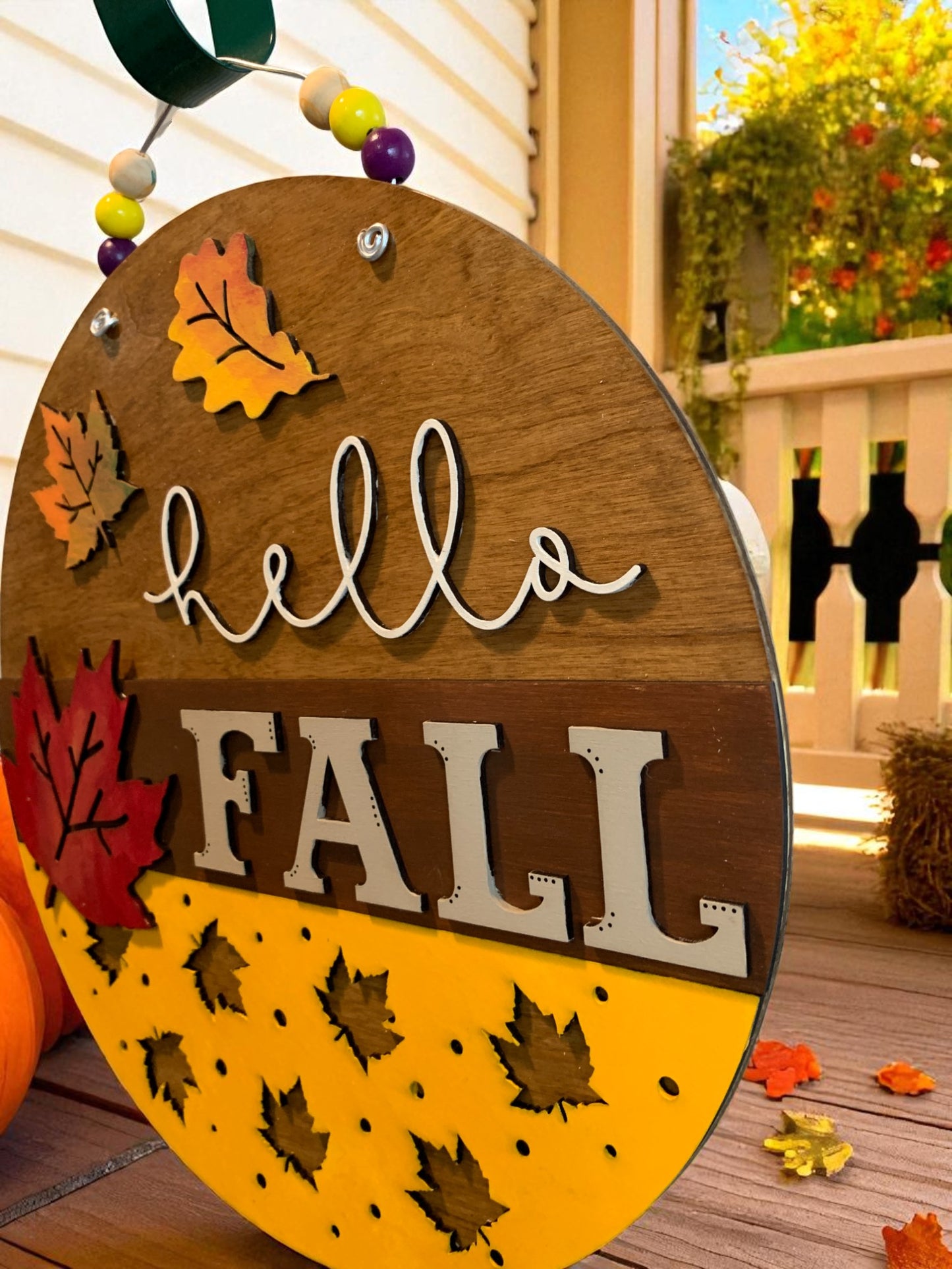 Hello Fall Wooden Door Hanger – Rustic Autumn Front Porch Sign with Colorful Leaves