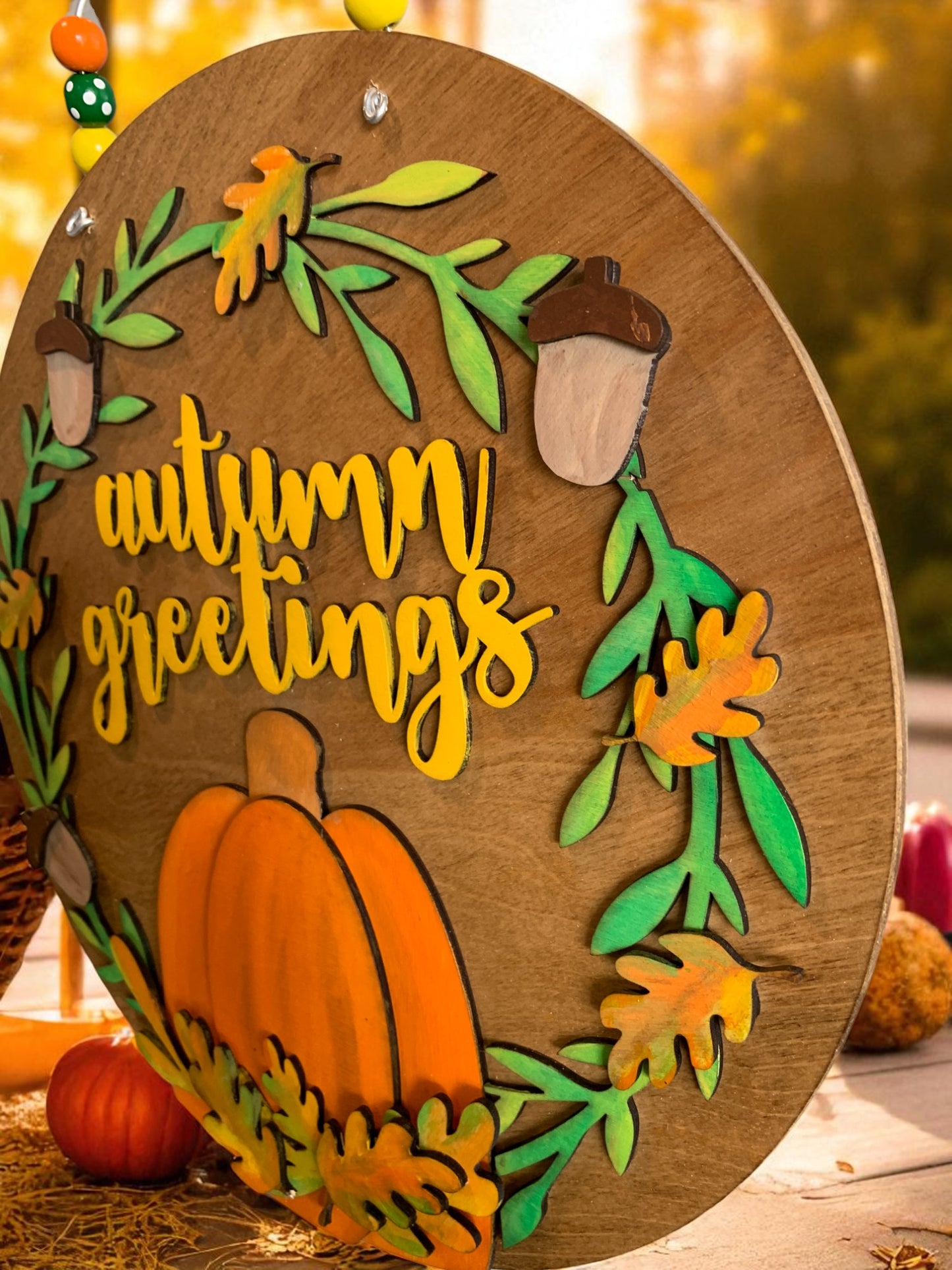 Autumn Greetings Wooden Sign – Rustic Fall Porch & Wall Décor – Handmade Pumpkin & Leaf Accent