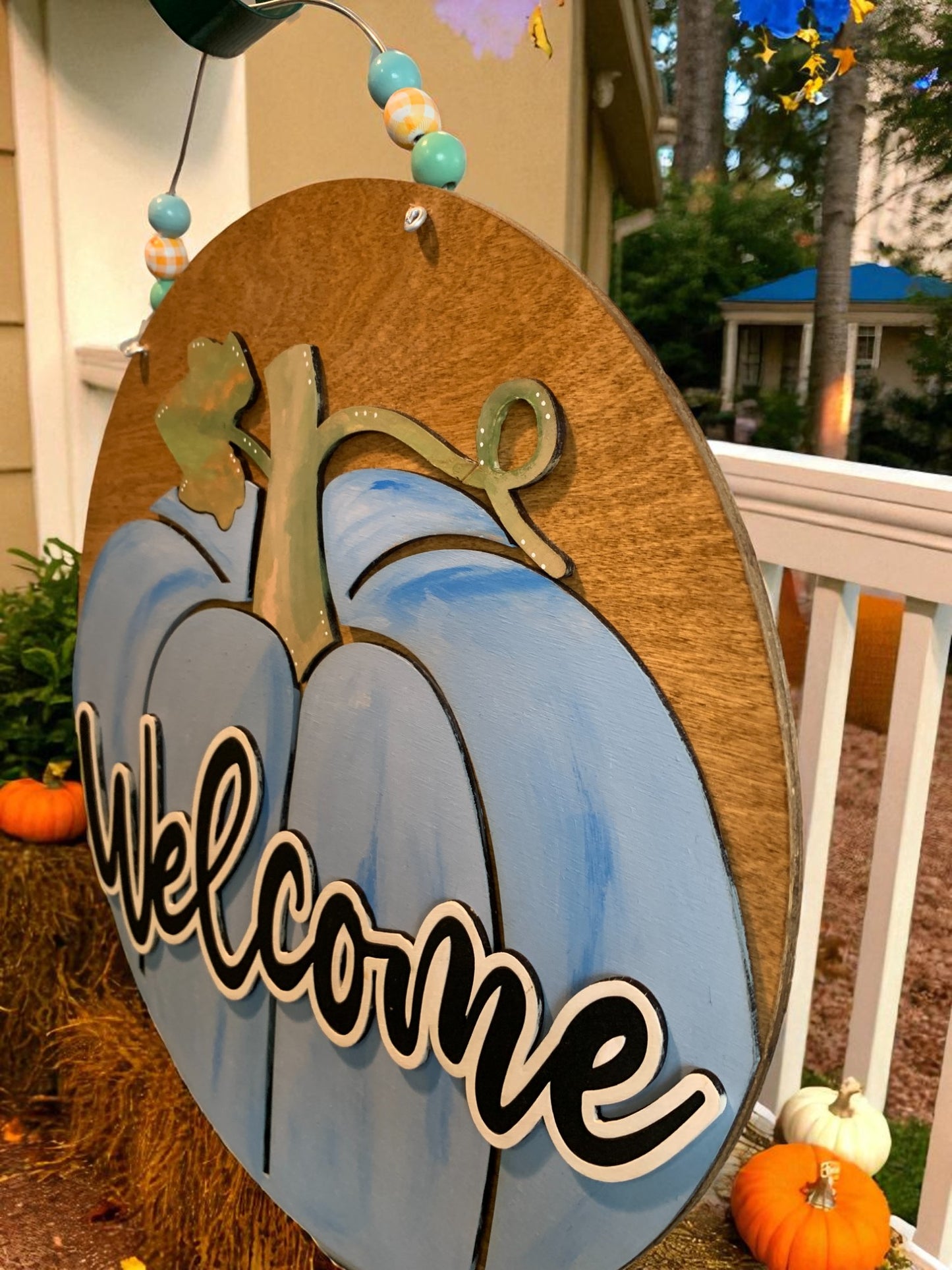 Welcome Pumpkin Wooden Sign – Rustic Fall Door Hanger – Handmade Autumn Porch Deco