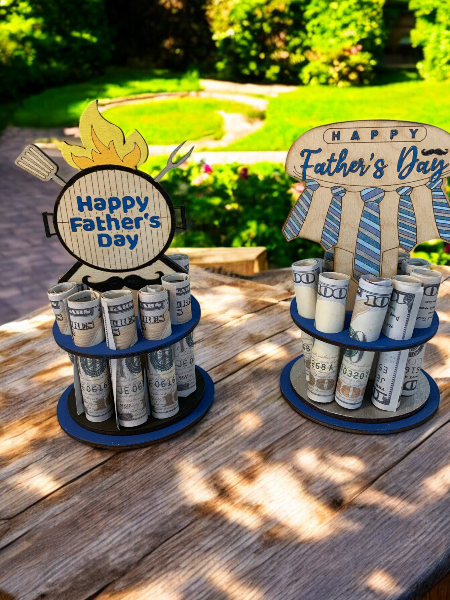Father's Day Money Tree — handmade wooden cash gift with Happy Father's Day golf topper and rolled bills, displayed outdoors on a wooden deck