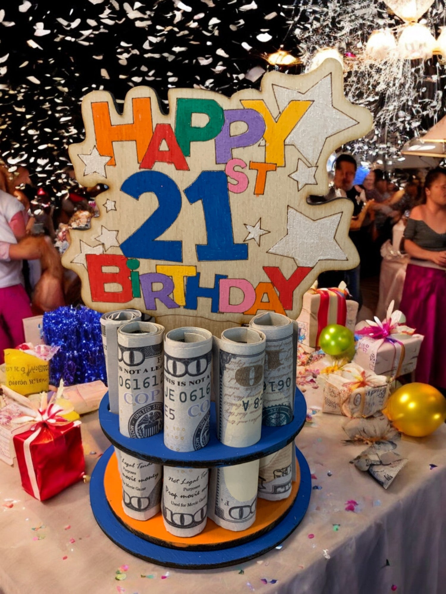 21st birthday money tree with colorful Happy 21st Birthday topper and confetti — handmade wooden cash gift for a milestone birthday celebration