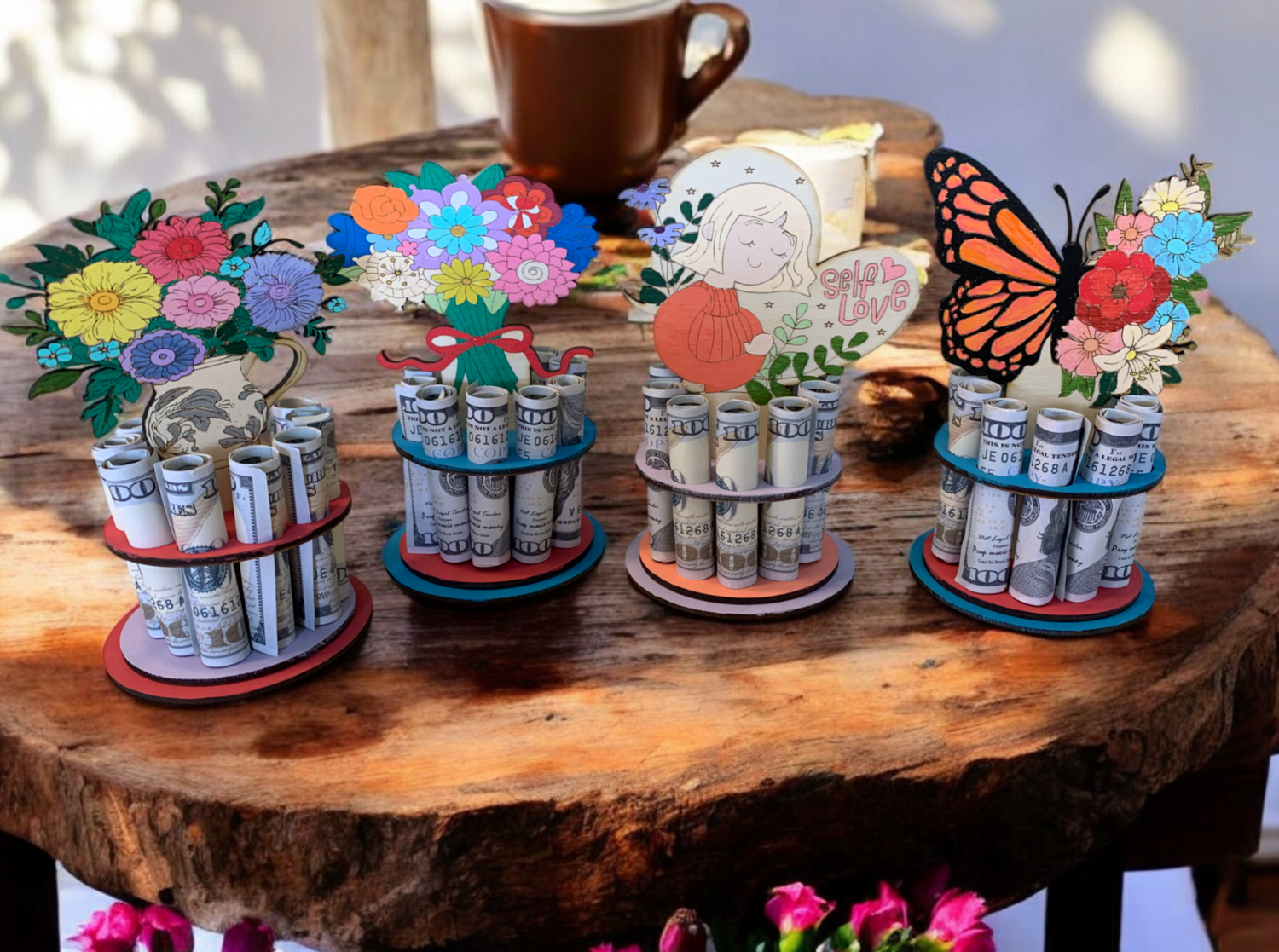 Flower Money Trees — handmade wooden cash gifts with colorful butterfly and floral toppers and rolled bills, perfect for birthdays, Mother's Day, and everyday gifting