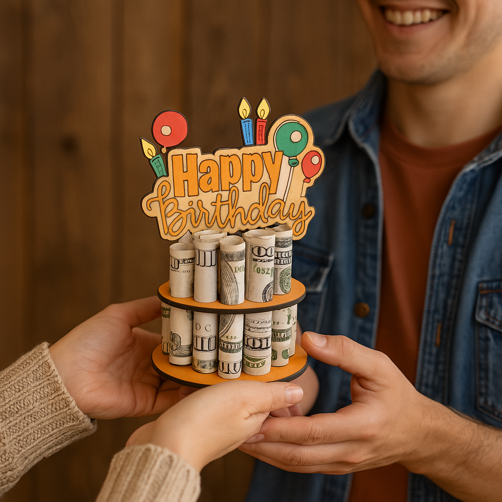 Birthday money tree cash gift held by two people — handmade wooden holder with Happy Birthday topper for any age celebration
