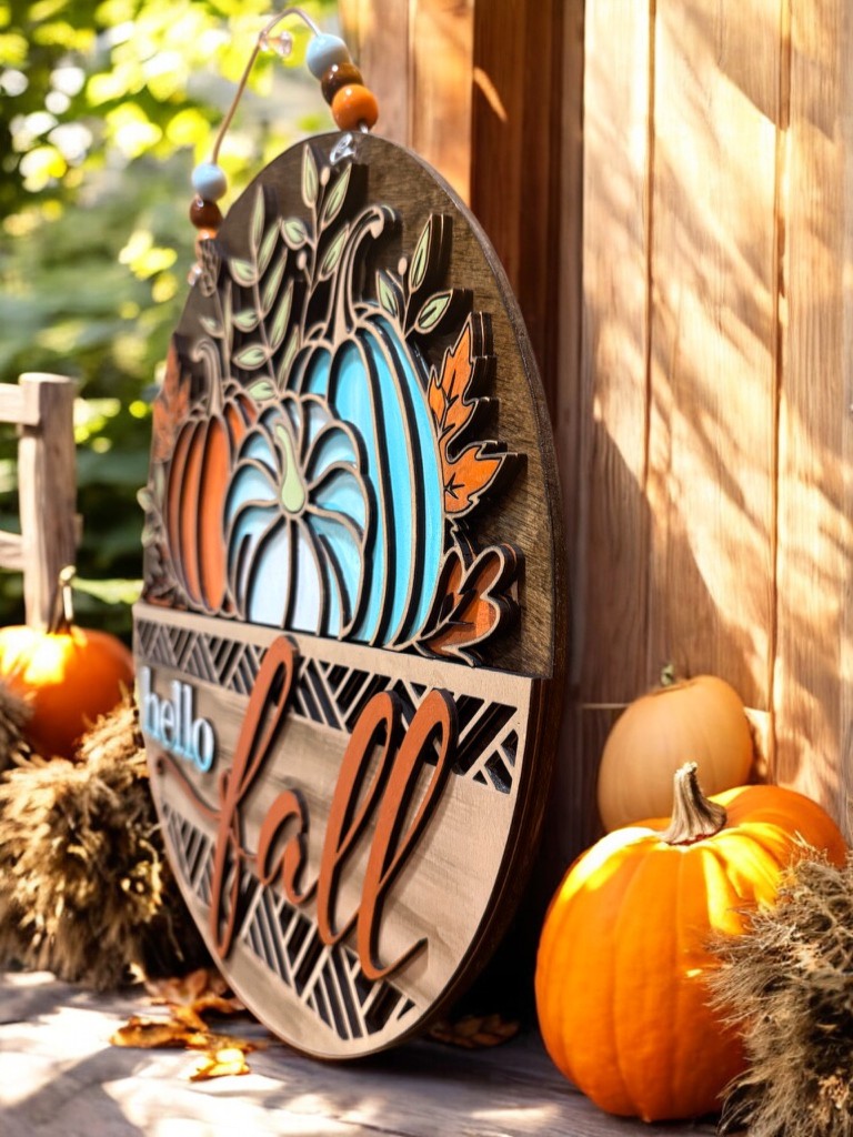 Hello Fall Wooden Door Hanger – Rustic Farmhouse Pumpkin Sign in Teal & Orange