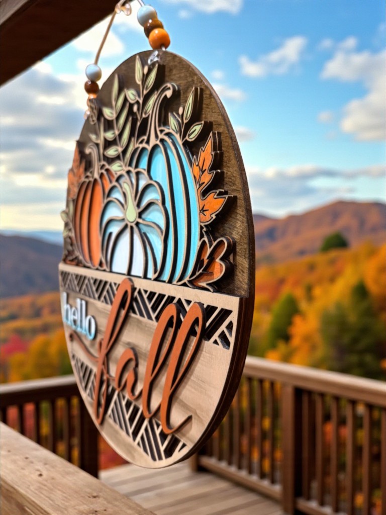 Hello Fall Wooden Door Hanger – Rustic Farmhouse Pumpkin Sign in Teal & Orange