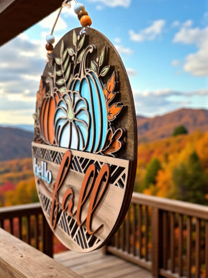 Hello Fall Wooden Door Hanger – Rustic Farmhouse Pumpkin Sign in Teal & Orange