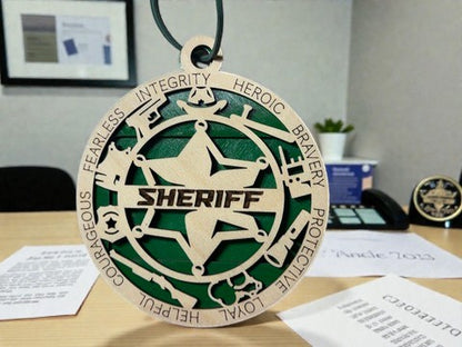 Wooden sheriff gift card holder for law enforcement – round star medallion ornament with hanging cord
