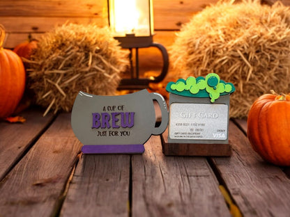 Halloween Cauldron Gift Card Holder – Wooden “A Cup of Brew” Cash or Gift Card Holder