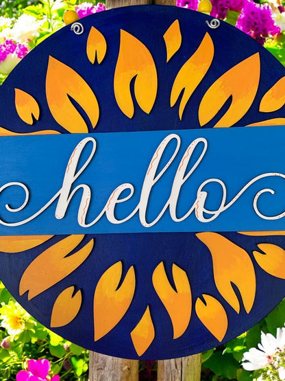 Sunflower Hello Sign – Rustic Summer Door Decor – Farmhouse Welcome Sign for Front Porch