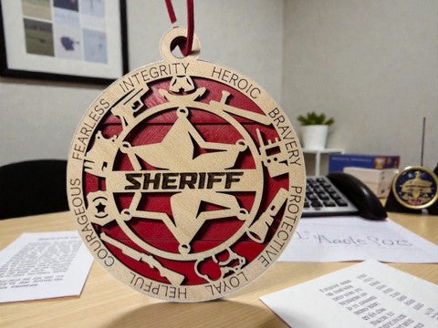 Wooden sheriff gift card holder for law enforcement – round star medallion ornament with hanging cord
