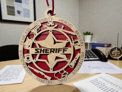 Wooden sheriff gift card holder for law enforcement – round star medallion ornament with hanging cord