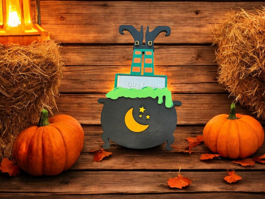 Halloween Witch Cauldron Gift Card Holder – Wooden Spooky Gift Idea for Kids & Adults