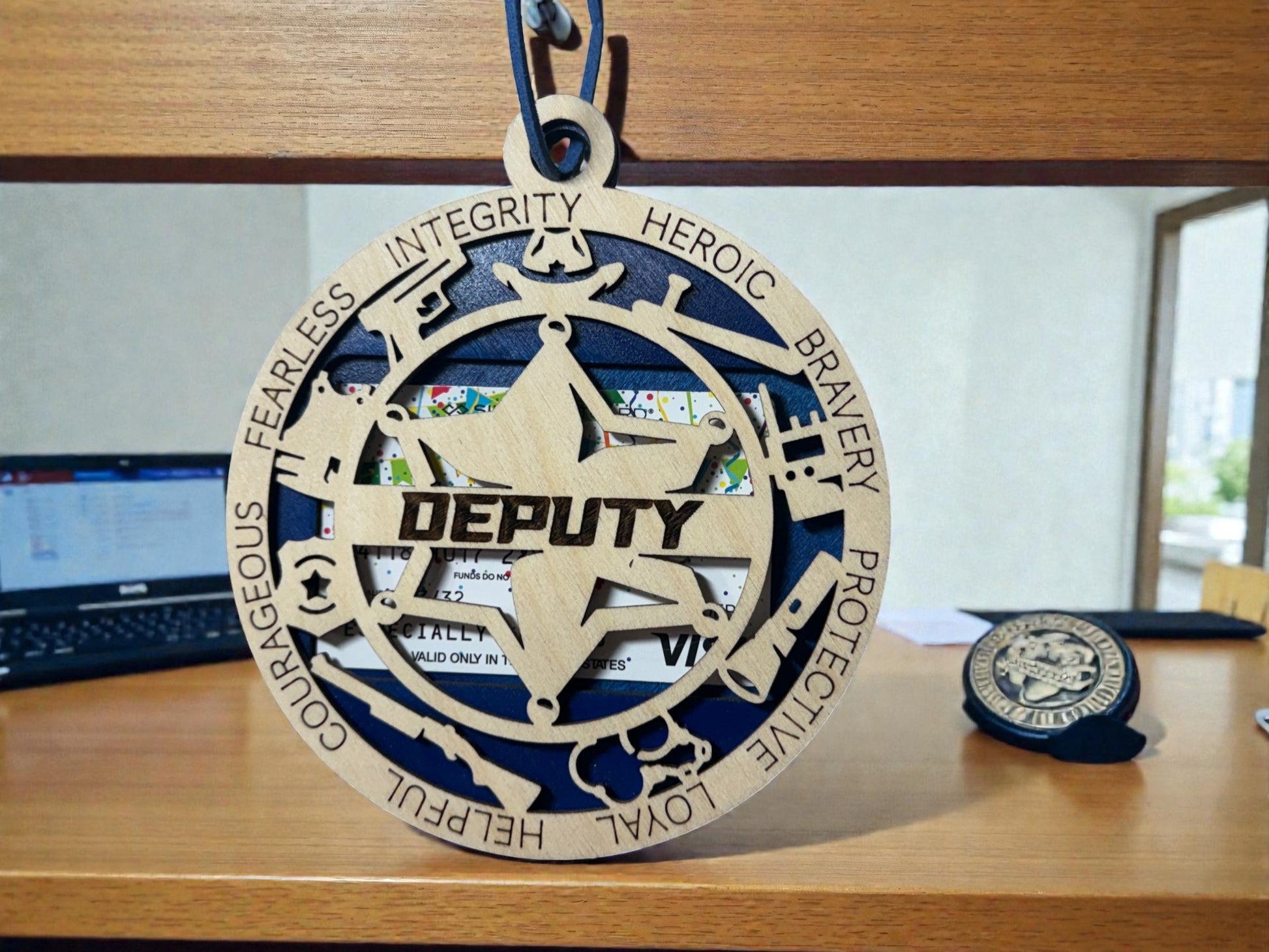 Wooden deputy gift card holder for law enforcement – round star medallion ornament with hanging cord