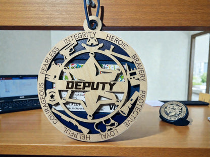 Wooden deputy gift card holder for law enforcement – round star medallion ornament with hanging cord