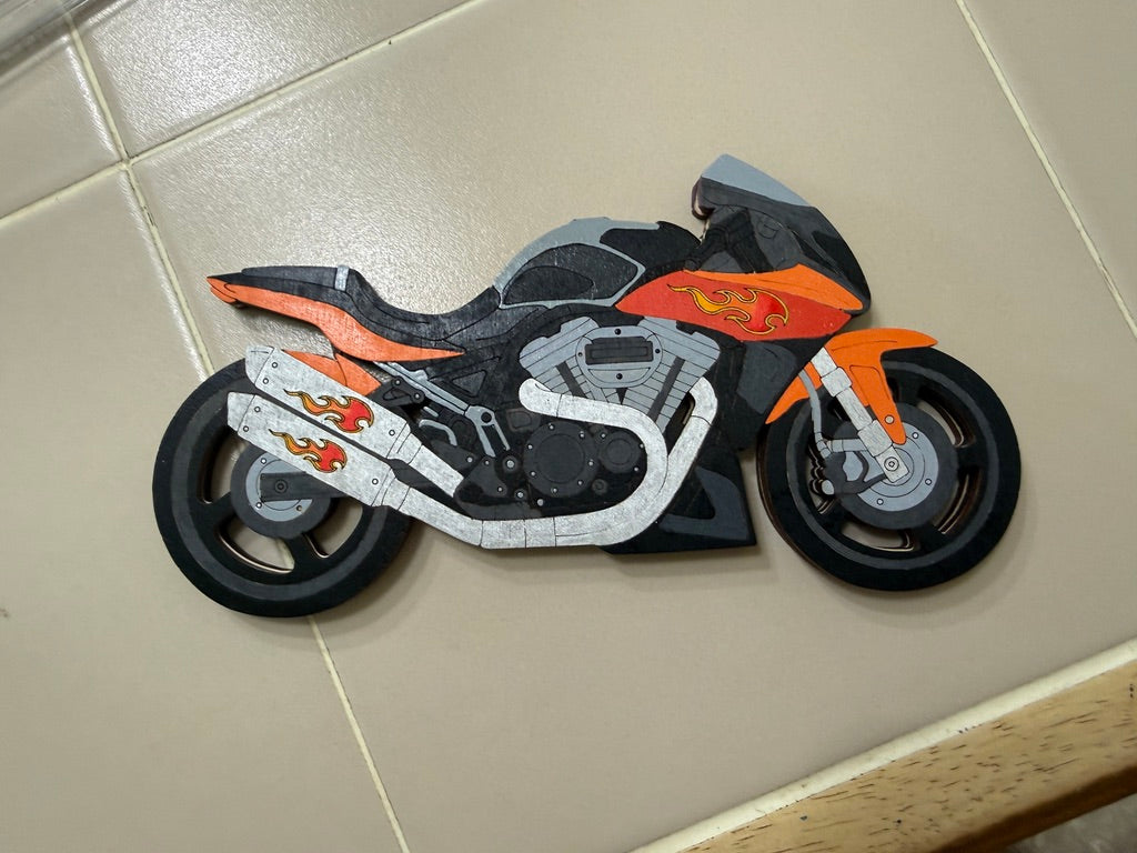Handmade wood motorcycle gift card holder, hand-painted in orange, black, and silver with flame details on the tank and exhaust pipes, layered Baltic birch with a slide-in gift card opening at the top