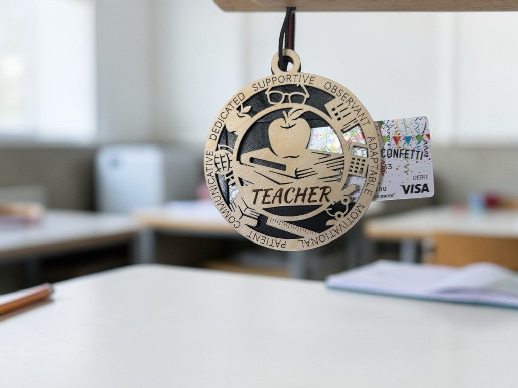 Teacher Gift Card Holder – Personalized Teacher Appreciation Gift – End of Year Teacher Gift – Wooden Medallion Holder