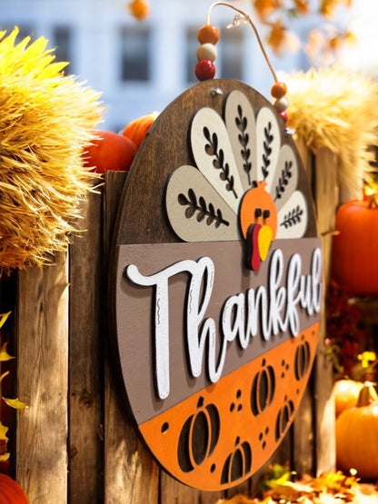 Thankful Wooden Turkey Sign – Rustic Fall Door Hanger – Farmhouse Thanksgiving Décor
