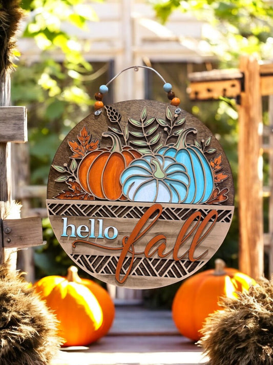 Hello Fall Wooden Door Hanger – Rustic Farmhouse Pumpkin Sign in Teal & Orange