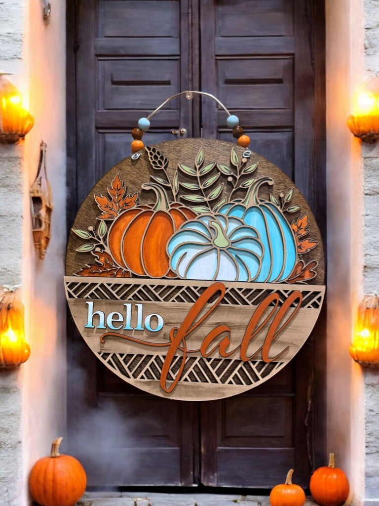Hello Fall Wooden Door Hanger – Rustic Farmhouse Pumpkin Sign in Teal & Orange