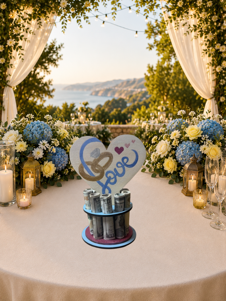 Handmade wood wedding money tree with a white heart-shaped top hand-painted with wedding rings and "Love" in blue script, set on a tiered circular base holding rolled bills, styled on an outdoor wedding gift table with blue hydrangeas and candlelight