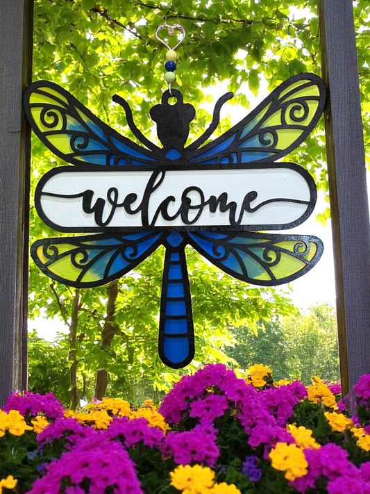 Dragonfly Welcome Sign – Handcrafted Wooden Door Decor for Summer & Nature Lovers