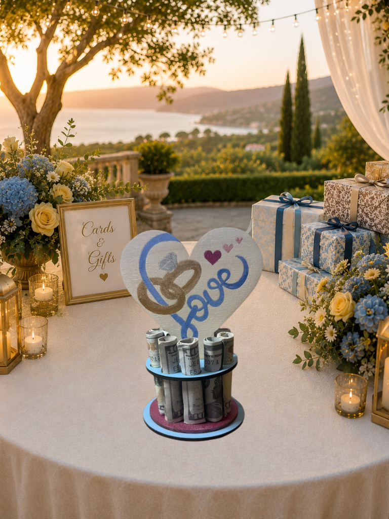 Handmade wood wedding money tree with a white heart-shaped top hand-painted with wedding rings and "Love" in blue script, set on a tiered circular base holding rolled bills, styled on an outdoor wedding gift table with blue hydrangeas and candlelight