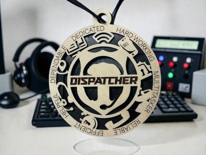 911 dispatcher appreciation gift – handmade layered wood medallion engraved DISPATCHER, personalized with a name
