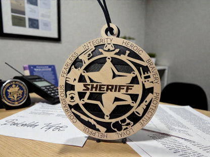 Wooden sheriff gift card holder for law enforcement – round star medallion ornament with hanging cord