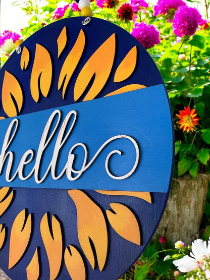 Sunflower Hello Sign – Rustic Summer Door Decor – Farmhouse Welcome Sign for Front Porch