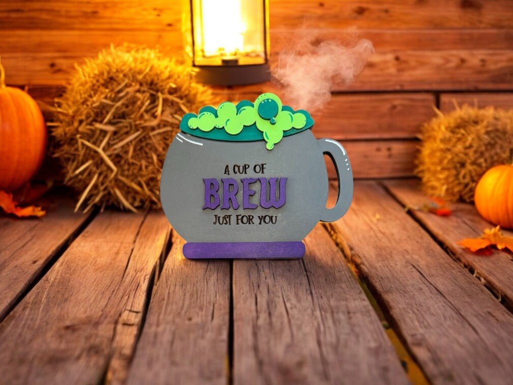 Halloween Cauldron Gift Card Holder – Wooden “A Cup of Brew” Cash or Gift Card Holder