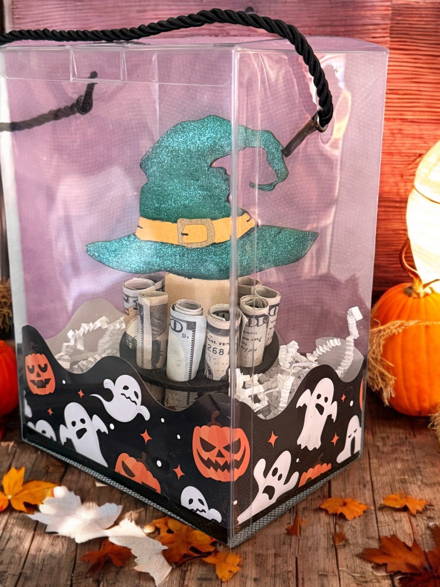 Halloween Money Gift – Pumpkin, Witch Hat, or Ghost Wooden Money Tree – Handmade Cash Holder with Gift Box – Free Shipping