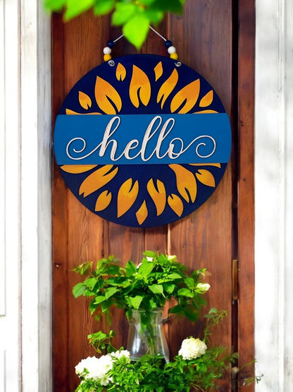 Sunflower Hello Sign – Rustic Summer Door Decor – Farmhouse Welcome Sign for Front Porch