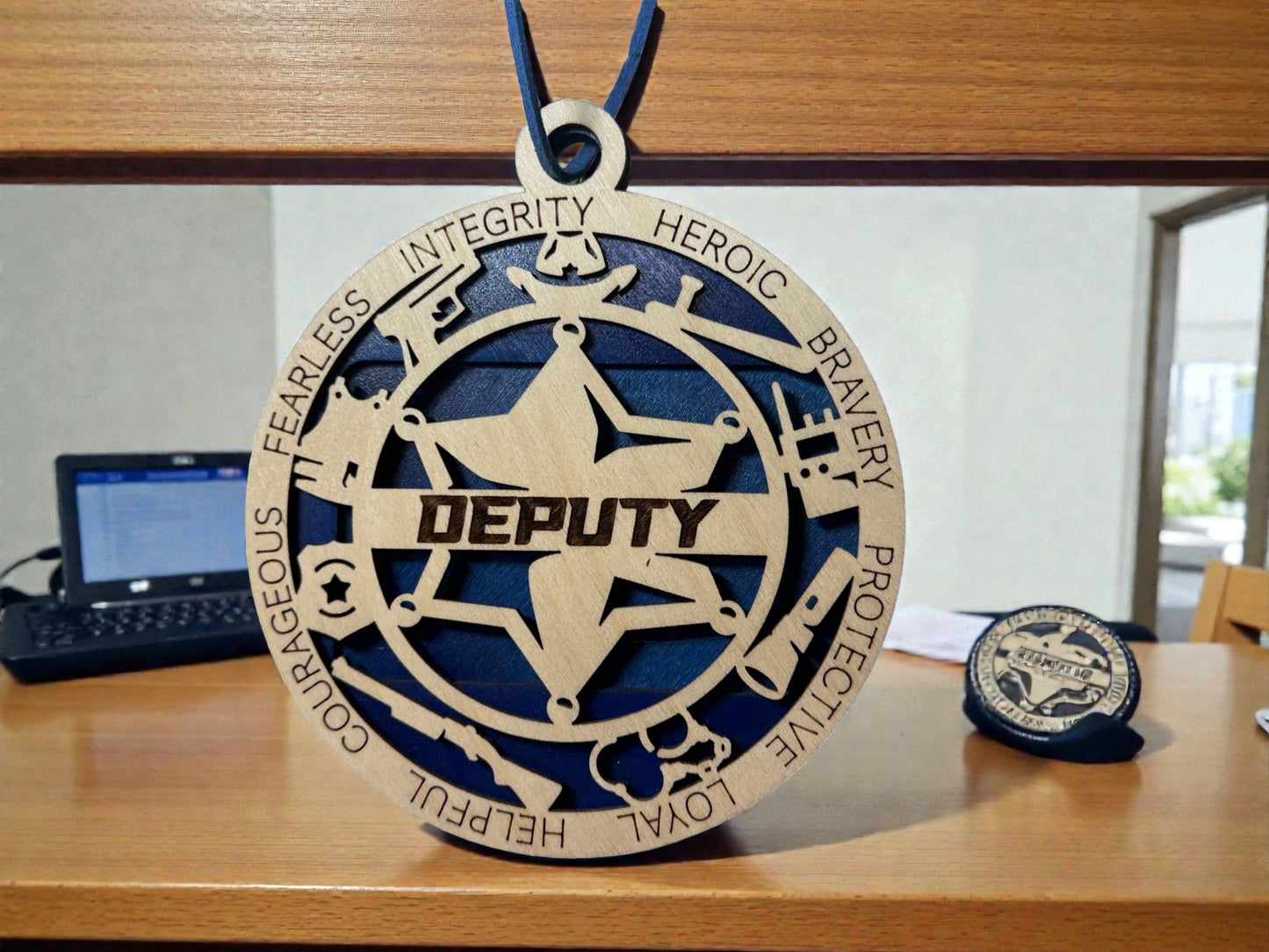 Wooden deputy gift card holder for law enforcement – round star medallion ornament with hanging cord