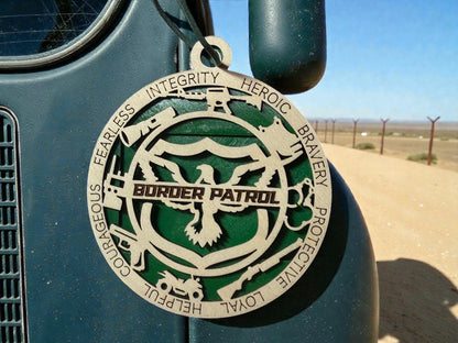 Border Patrol agent appreciation gift – handmade layered wood medallion holding a gift card, personalized with a name